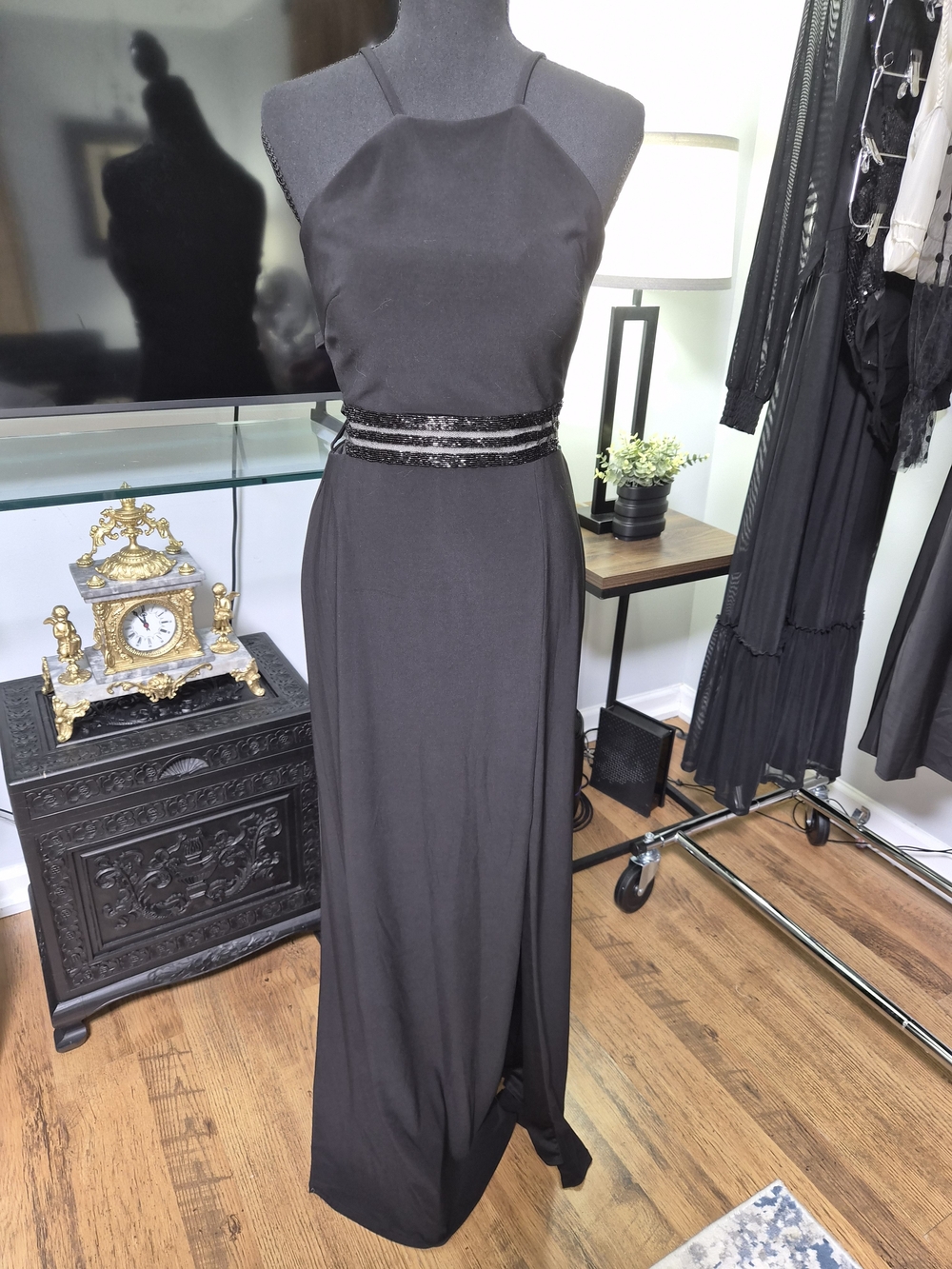 Vintage Y2K Black Halter Bead Waist Corset Back Maxi Dress